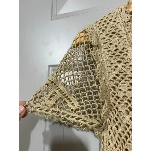 V Cristina Crochet Knit Top Women Size Medium Tan Good Boho Lace Tie Front V107 - Picture 4 of 6